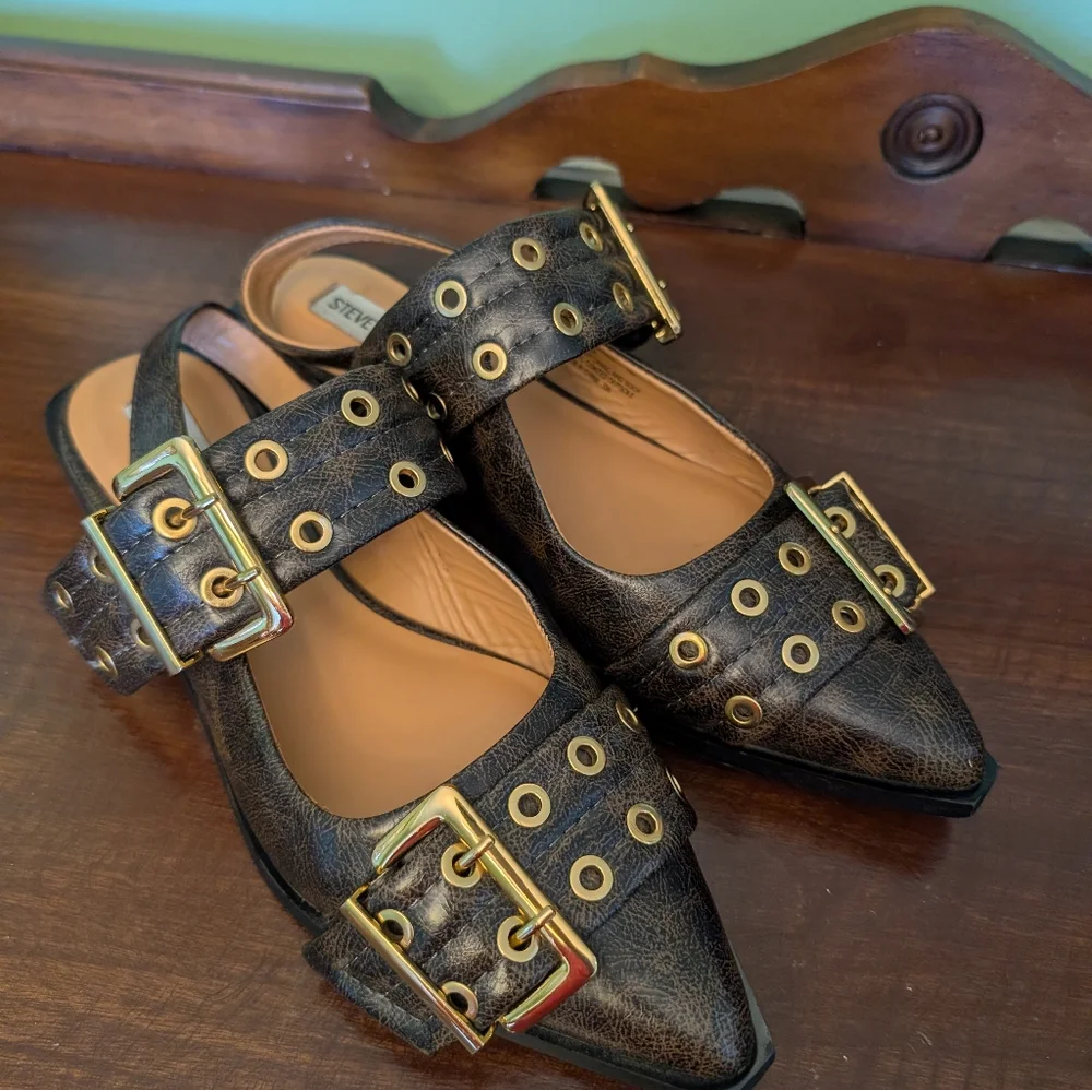 Steve Madden Graya Flats, Brown Distressed, Double Buckle - Picture 1 of 5